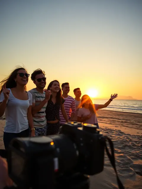 Amigos observan el atardecer en la playa con una cámara