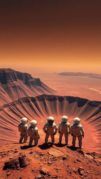 Astronautas en el borde del cráter del volcán Olympus Mons