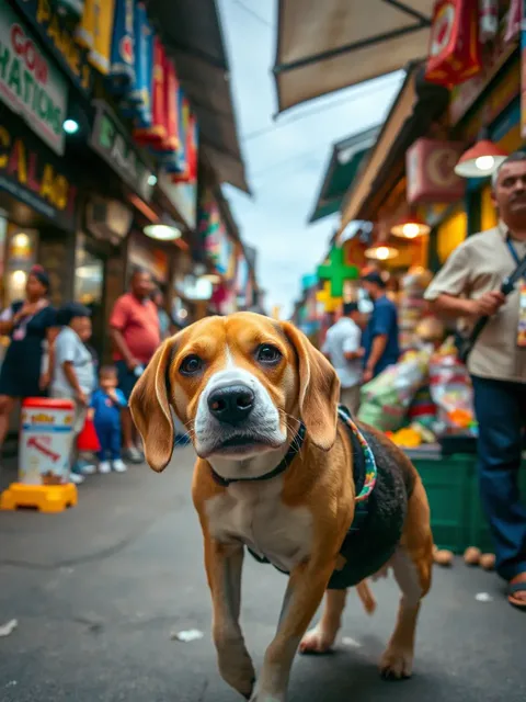Beagle explora mercado callejero concurrido con espectadores curiosos