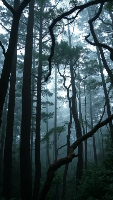 Bosque de terreno dramático con árboles retorcidos y niebla