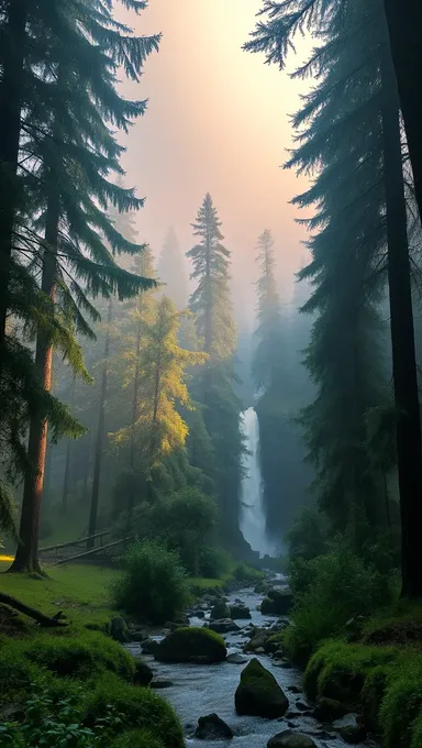 Bosque de terreno neblinoso con árboles altos y arroyo