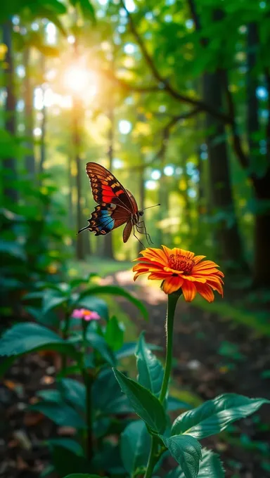 Bosque sereno con mariposa en fondo de flor colorida