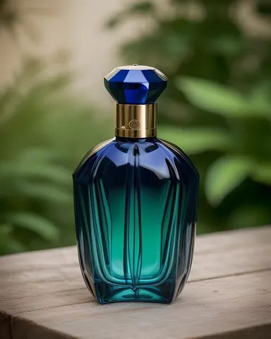 Botella de Perfume Azul Oscuro Misterioso en el Jardín