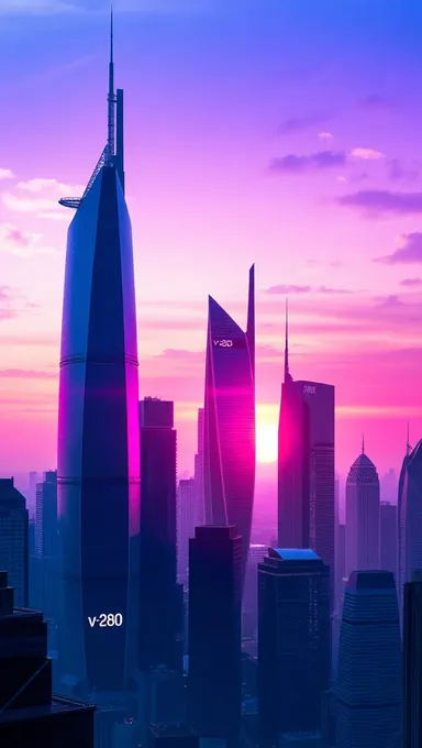 Ciudad Futurista con Logo V-280 al Atardecer