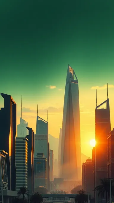 Ciudad futurista al atardecer con fondo de verde sabio