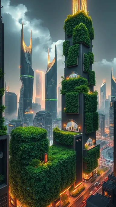 Ciudad futurista de plantas verdes y luces neón