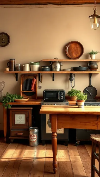 Cocina vintage con fondo beige y electrodomésticos antiguos