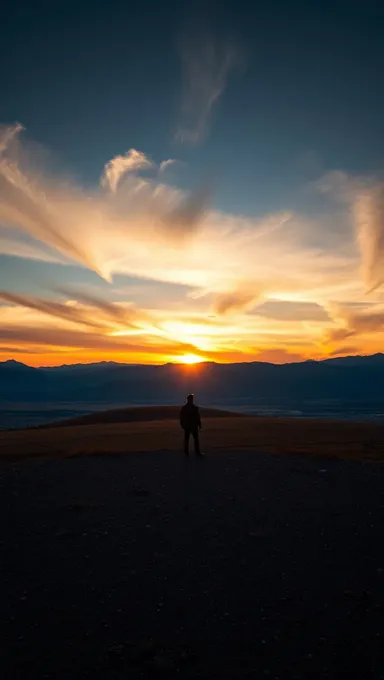 Escena de atardecer con figura solitaria y vista de montaña