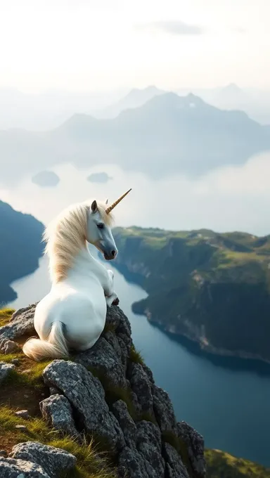 Escena de lago serena con unicornio y montañas neblinosas