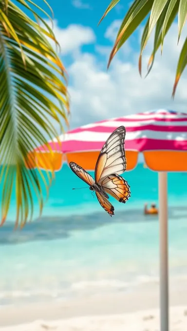 Escena de playa vibrante con mariposa y colores brillantes