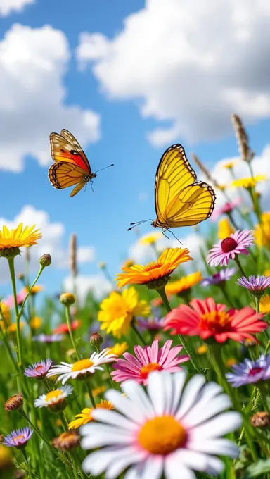 Escena de prado brillante con mariposa y flores coloridas