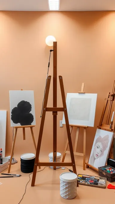 Estudio de arte moderno con fondo beige y suministros de arte