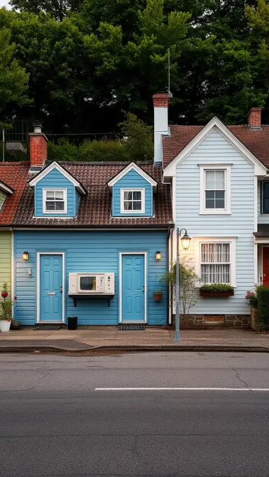 Fachadas coloridas de casas pequeñas en paisaje urbano