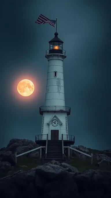 Faro Dramático con Bandera Estadounidense y Luna Llena