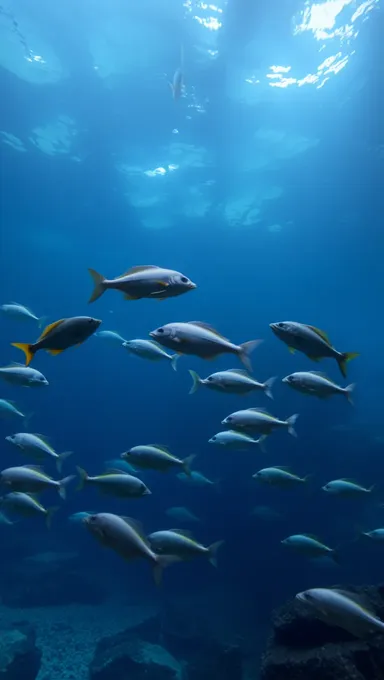 Fondo de acuario dramático con mar tormentoso y escuela de peces