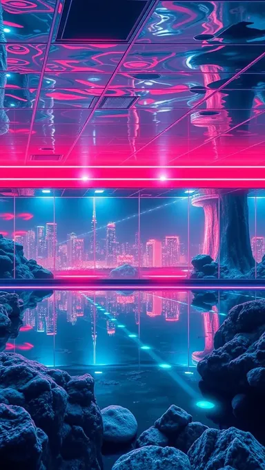 Fondo de acuario futurista con paisaje urbano neon y reflexión de ciudad