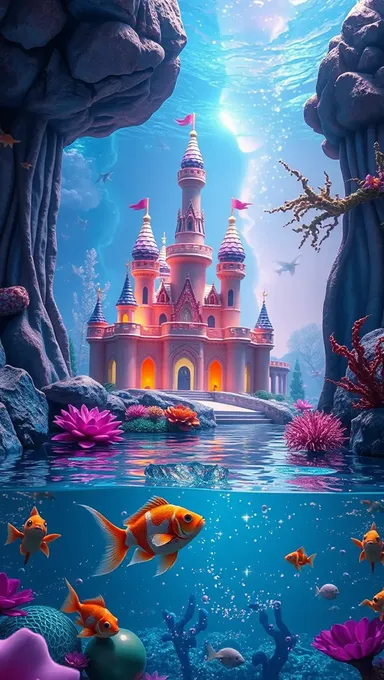 Fondo de acuario mágico con castillo de cuento de hadas y piscina brillante