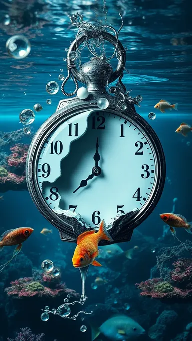 Fondo de acuario surreal con reloj que se derrite y peces oníricos