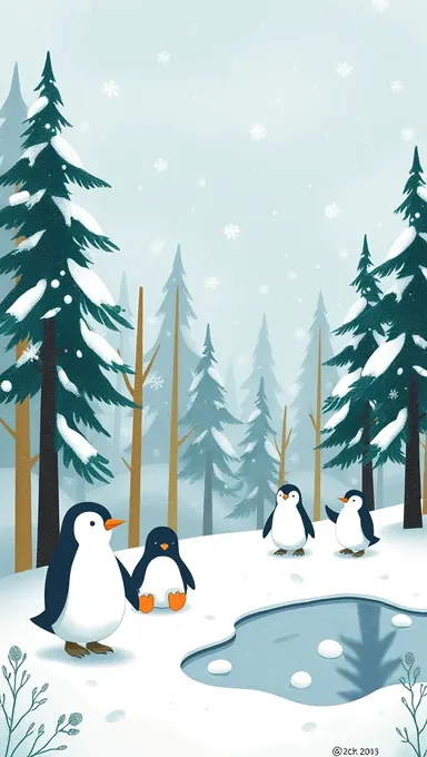 Fondos de invierno encantadores: escena boscosa nevosa con pingüinos