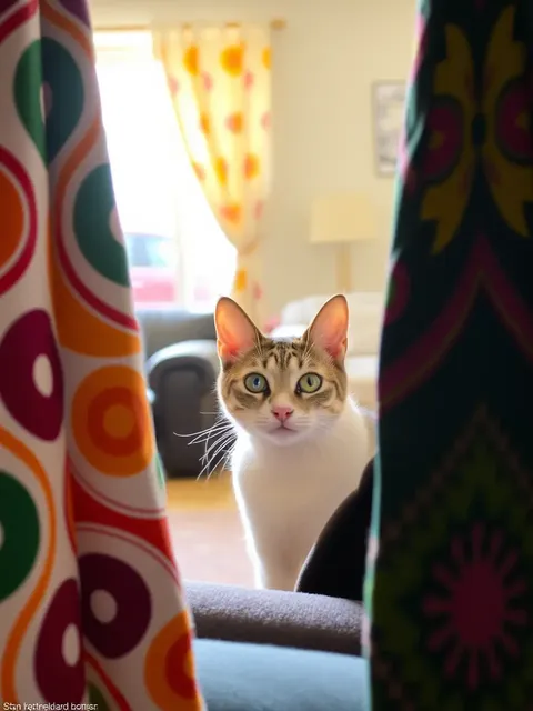 Gato curioso asoma desde cortina acogedora de salón