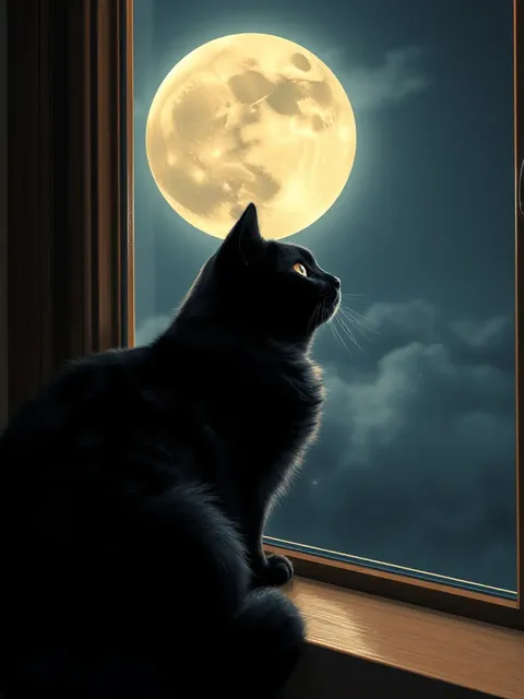 Gato negro majestuoso contempla la luna llena en el alféizar de la ventana