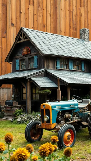 Granja rural rústica con tractor vintage y fondo de madera