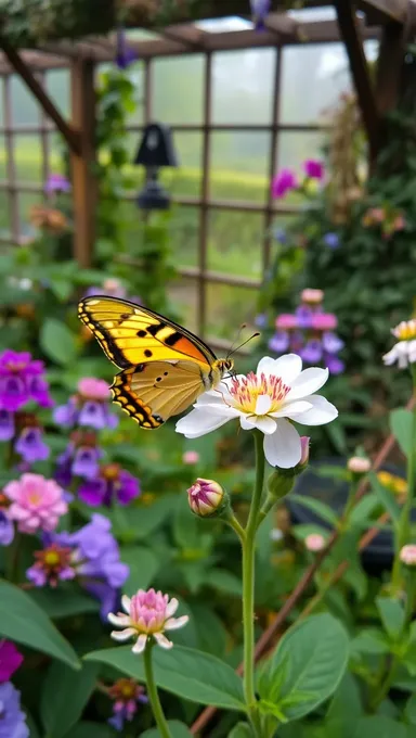 Jardín acogedor con mariposa bebiendo néctar