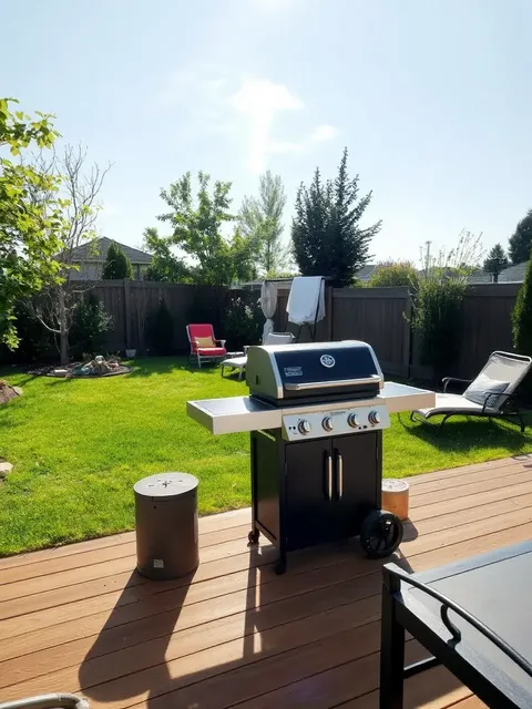 Jardín solar con parrilla de carbón y césped verde y próspero