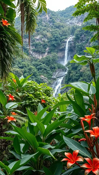 Jungla densa con follaje exuberante y cascada