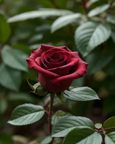 La vibrante rosa roja florece contra el fondo de follaje verde intenso