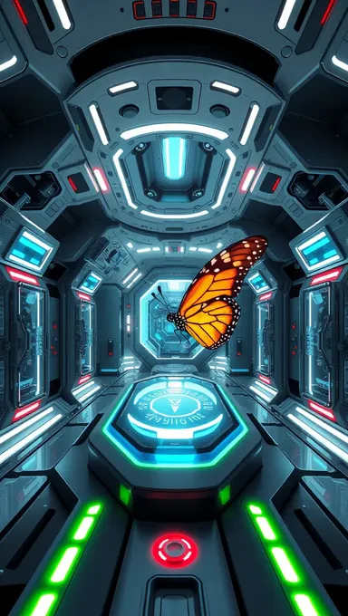 Laboratorio futurista con mariposa en consola iluminada