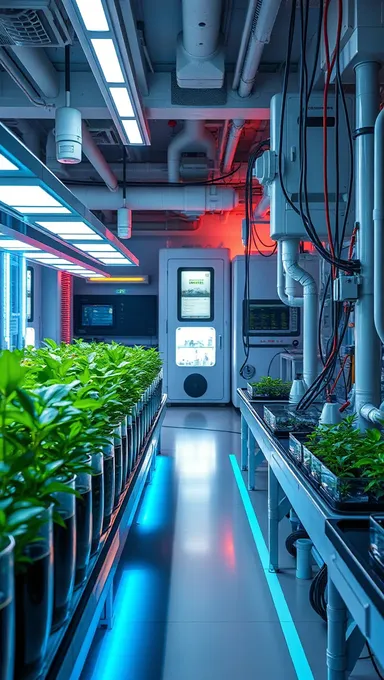 Laboratorio futurista con plantas en tubos de ensayo y descubrimiento