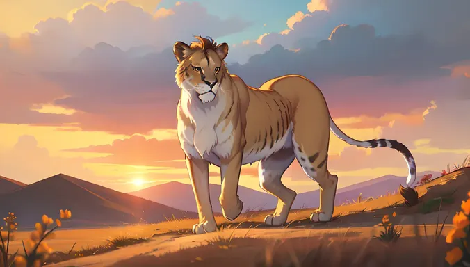 Leona dorada ronda escena de atardecer en sabana