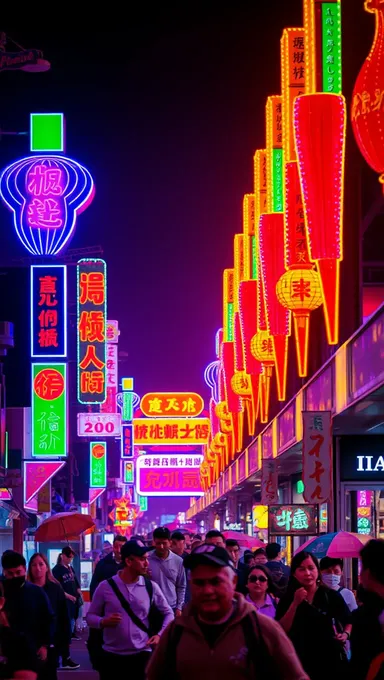 Luces neón vibrantes superpuestas sobre el fondo de una fiesta callejera animada