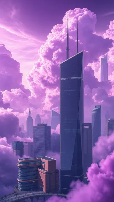 Nubes purpuras girando sobre paisaje urbano futurista de fondo