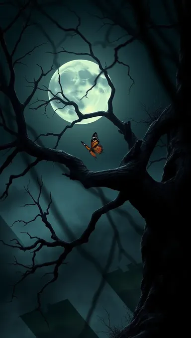 Paisaje lunar dramático con mariposa en árbol retorcido