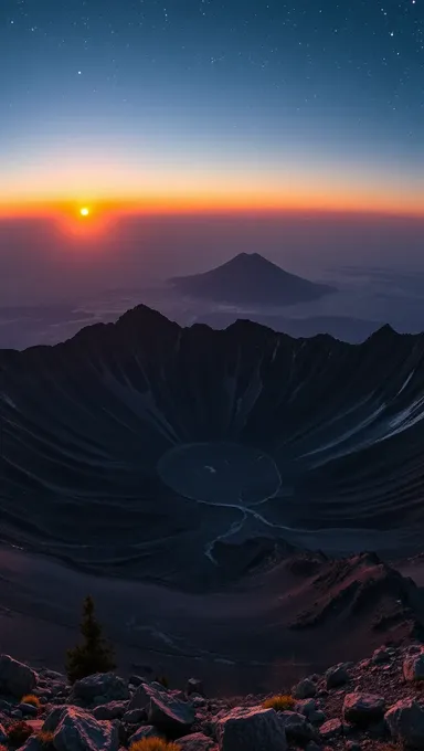 Panorama del cráter del volcán Olympus Mons al atardecer