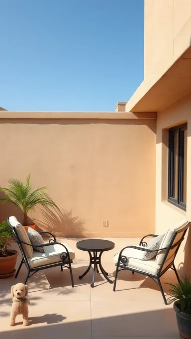 Patio exterior pacífico con fondo beige y asientos cómodos