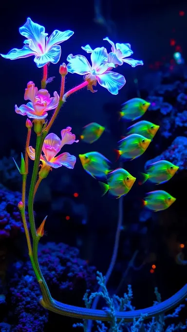 Planta subacuática con flores bioluminiscentes y peces