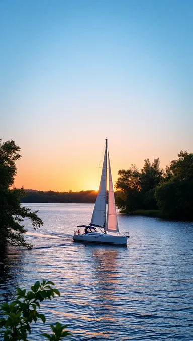 Puesta de sol serena en un lago con barco de vela transparente y árboles exuberantes