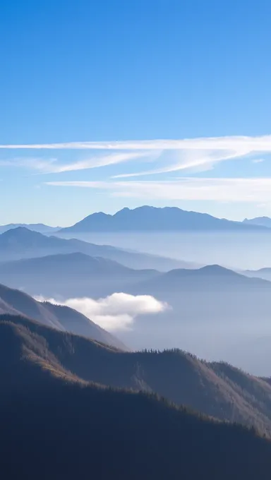 Rango montañoso al amanecer con niebla neblinosa transparente