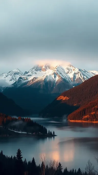 Rango montañoso con cumbres nevadas y lago sereno