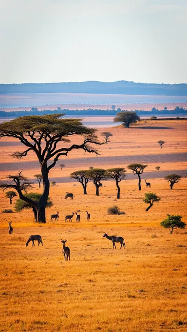 Sabana vasta de terreno con árboles de acacia y horizonte