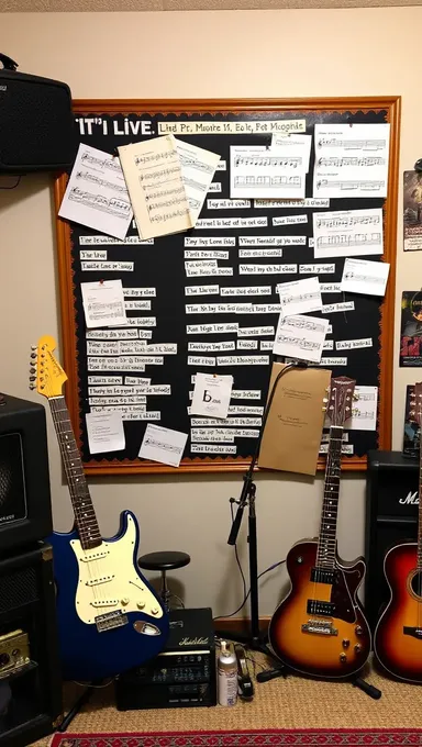 Sala de música creativa con letras de canciones y partituras de guitarra