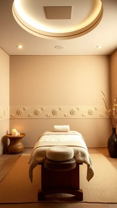 Spa lujoso con fondo beige y ambiente relajante