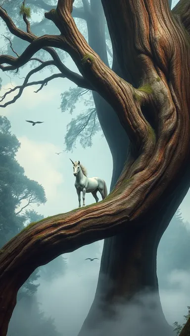 Unicornio Aposentado en Rama de Árbol Gigante con Bosque Brumoso