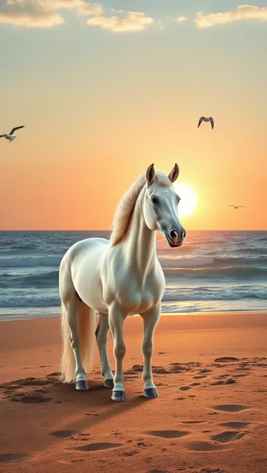 Unicornio en Playa de Arena al Atardecer con Gaviotas