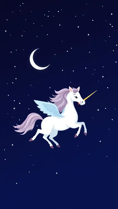 Unicornio vuela a través del cielo nocturno estrellado con luna creciente