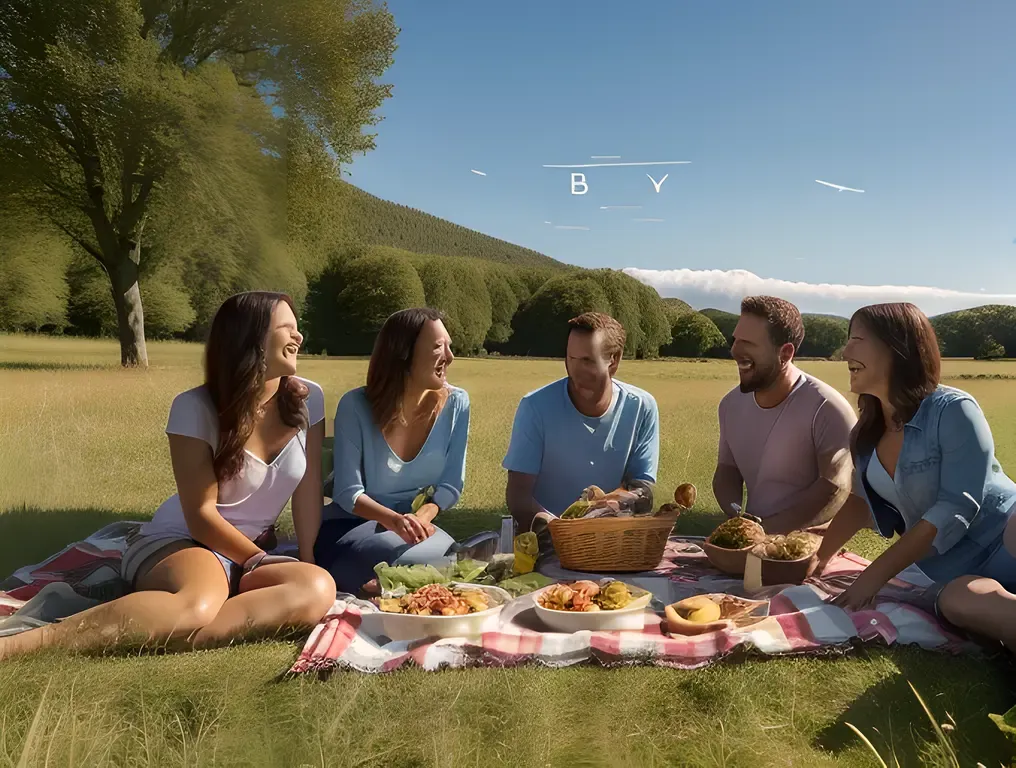 Friends picnic in meadow with "abcdefg" written in sky.