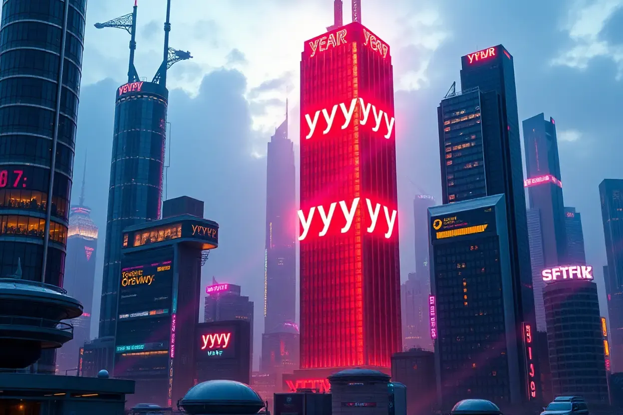 Futuristic Cityscape with Glowing Skyscraper and Year "yyyyy